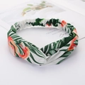 White fabric twist headband with tropical green leaf and pink flamingo pattern - Style 43 White Flamingo Leaf