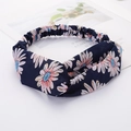 Cross-twisted dark blue floral headband with pink and white daisies for women - Style 47 Navy Daisy