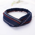 Dark blue fabric headband with red and white ethnic embroidery and knotted detail - Style 75 Navy Ethnic Pattern