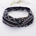Navy blue fabric headband with white and brown geometric patterns and a twisted knot design - Style 93 Navy Geometric