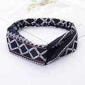 Dark blue knotted headband with white geometric patterns and brown stripes - Style 81 Navy Geometric