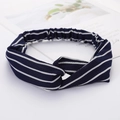 Navy blue fabric twist headband with white pinstripes on a minimalist white background - Style 95 Navy Fine Stripes