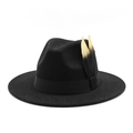 Chapeau fedora classique en laine noire à bord large avec ruban et plume dorée élégant - M (56-58cm) / Noir