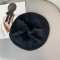 Close-up of soft black mohair knit beret texture on minimalist grey leather background - M(56-58cm) / Black