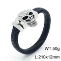 Punk black braided leather bracelet with silver steel skull clasp, 210mm length - Steel Color Skull (KB150799-KFC)
