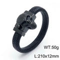Black woven leather punk bracelet featuring a matte black metal skull charm - Black Color Skull (KB150797-KFC)