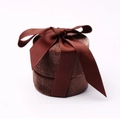 Elegant brown velvet round jewelry box with a decorative ribbon bow on the lid - Pendant Box / 5.8x5.3cm / Coffee