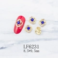 Detailed view of hollow flower nail charms with blue gems and rhinestones size 8.5x9.5mm - Gold Flower Blue Stone Aurora Rhinestone Style (6231)