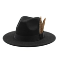 Chapeau fedora noir classique en feutre de laine avec décoration de plumes et bord plat - M (56-58cm) / Noir