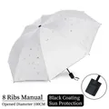 White manual folding sun umbrella with golden crown pattern and black UV coating - Manual Model / Crown Cream