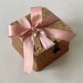 Macro detail of hand-woven square bamboo gift basket with pink satin ribbon and pearl tag - X-Small [10x10x8] / Korean Pink