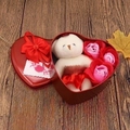 Heart-shaped tin gift box with plush bear and pink soap roses on wooden background - Heart Tin Box (3 Flowers + Bear) Red Soft Bear