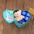 Blue heart-shaped metal gift box with soap roses and a plush bear on wood background - Heart Tin Box (3 Flowers + Bear) Blue