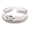 Close-up of silver stainless steel woven cable and belt buckle detail on men's bracelet - 2-Piece Silver Set-Braided/Belt Buckle