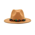 Classic camel wool fedora hat with a colorful ethnic bead band on white background - M (56-58cm) / Camel