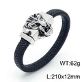 Men's braided leather bracelet with silver steel lion head and 210mm square clasp - Steel Color Lion Head (KB150801-KFC)