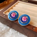Blue enamel earrings with rose flower pattern and gold trim in a vintage luxury style - Blue Silver Pin Rose Flower Drip Oil Studs