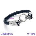 Men's punk black braided leather bracelet with silver steel skulls, 220mm length - One Size / Skull Head Style (KB123994-BDJX)