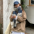 Blauw-wit geruite sjaal gedragen door een model in een casual winterse streetstyle - Over 175cm / Blauw Wit Geruit