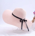 Beige wide brim straw sun hat with black ribbon bow for summer beach vacation style - One Size / Pink