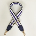 Detail of adjustable purple and black striped canvas strap with golden metal hardware - Black Blue + Blue Leather