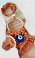 Brown and navy braided evil eye wall hanging with cotton tassel and metal ring - Red Ring Style