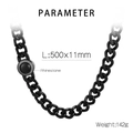 Macro detail of 11mm black CNC paved rhinestone Cuban chain link necklace with size specs - Black (Rhinestone Clasp) / 65cm