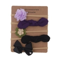 Detailed set of 5 nylon headbands for babies with fabric flowers and bows on display card - Black Purple Green Style