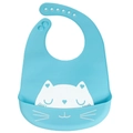 Blue 3D silicone baby bib with cute white cat face pattern and adjustable neck strap - Heart Cat - Sky Blue