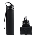 Black collapsible silicone sports water bottle shown in both folded and expanded states - Black