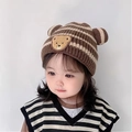 Brown and beige striped baby knit hat with bear ears and cute embroidery patch - Coffee - Striped Bear