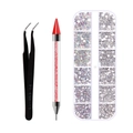 Nail art dotting pen met wastip, zwarte pincet en zilveren strass-steentjes kit - Rood