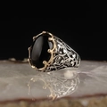 Retro punk men's silver ring with oval black gemstone and golden claw settings - TJZ212-Black Stone Gold Edge Hollow