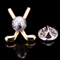 Detailed view of a gold golf club brooch with a silver pavé diamond ball on a black background - Gold Silver Golf
