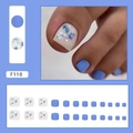 Summer Morandi blue matte press-on toenails with white floral patterns and gold foil flakes - F118 Vintage Orchid