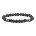 Minimalist 6mm black volcanic stone beaded bracelet with silver metal spacers on white background - Lava Stone