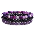 Detail of 3-piece beaded bracelet set featuring purple agate and black obsidian beads - 6mm Purple Line Stone & Onyx & Amethyst