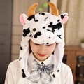 Süßer Plüschhut mit Kuhmuster, Schal und beweglichen Ohren für Winter-Mascot-Cosplay-Kostüme - Schwarz Weiß Kuh - Kurz Fixierte Ohren / Keine Einzelverpackung