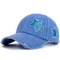 Detail of blue washed cotton baseball cap with sequined star patch and distressed edge - Sapphire Blue