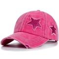 Detail of pink washed cotton baseball cap with sequined star patch and frayed brim - Rose Red