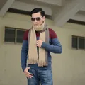 Men's thickened winter scarf in beige and dark coffee stripes with tassel detail - Napped Thickened / Beige