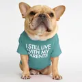 Green cotton French Bulldog T-shirt with white I Still Live With My Parents slogan print - Pattern A - Lake Blue / S