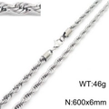 Titanium steel silver rope chain necklace, 6mm width and 600mm length with lobster clasp - 6mm-60cm(KN228875-Z)