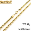 Golden stainless steel twist rope chain necklace with lobster clasp and textured links - 5mm x 55cm