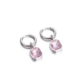 Polished silver stainless steel earrings with pink rectangular crystal glass pendants - Silver Pink