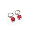French style stainless steel hoop earrings with rectangular red crystal pendants - Silver Red