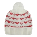 White knitted winter hat for children featuring red heart patterns and a white pom-pom - Fits 1-4 Years / White With Heart