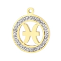 Golden stainless steel Pisces zodiac pendant featuring sparkling rhinestone border and hollow design - Pisces(KLJ3554-Z)