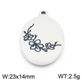 Oval stainless steel birth flower pendant with black engraved floral pattern 23x14mm - Flower Branch Style (KLJ8067-Z) / Silver