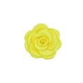 Detail of a bright yellow satin handmade camellia flower accessory for clothing and hair - Yellow